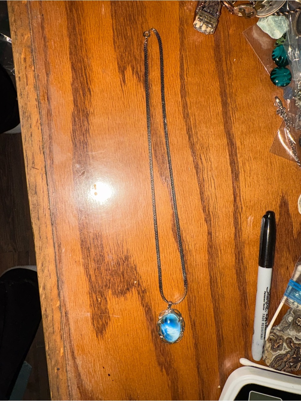 Silver tone blue Victoria stone pendant 11 inches